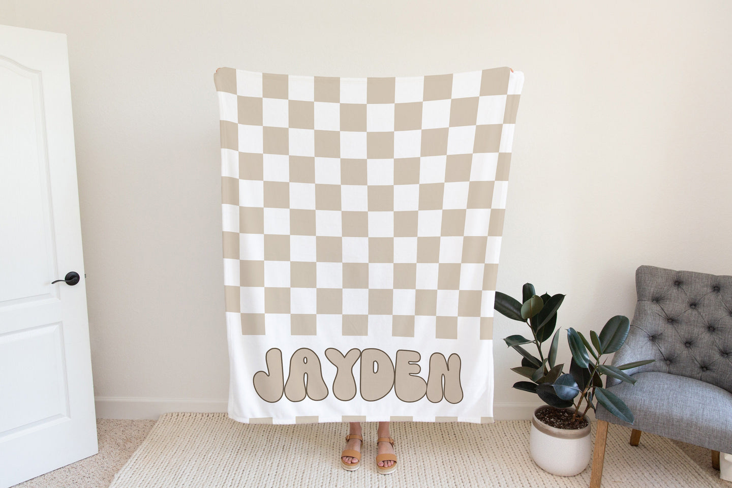 Personalized checkered vintage blanket with Name, Beige Custom blanket gift, Birthday Anniversary Gift, toddler kids blanket